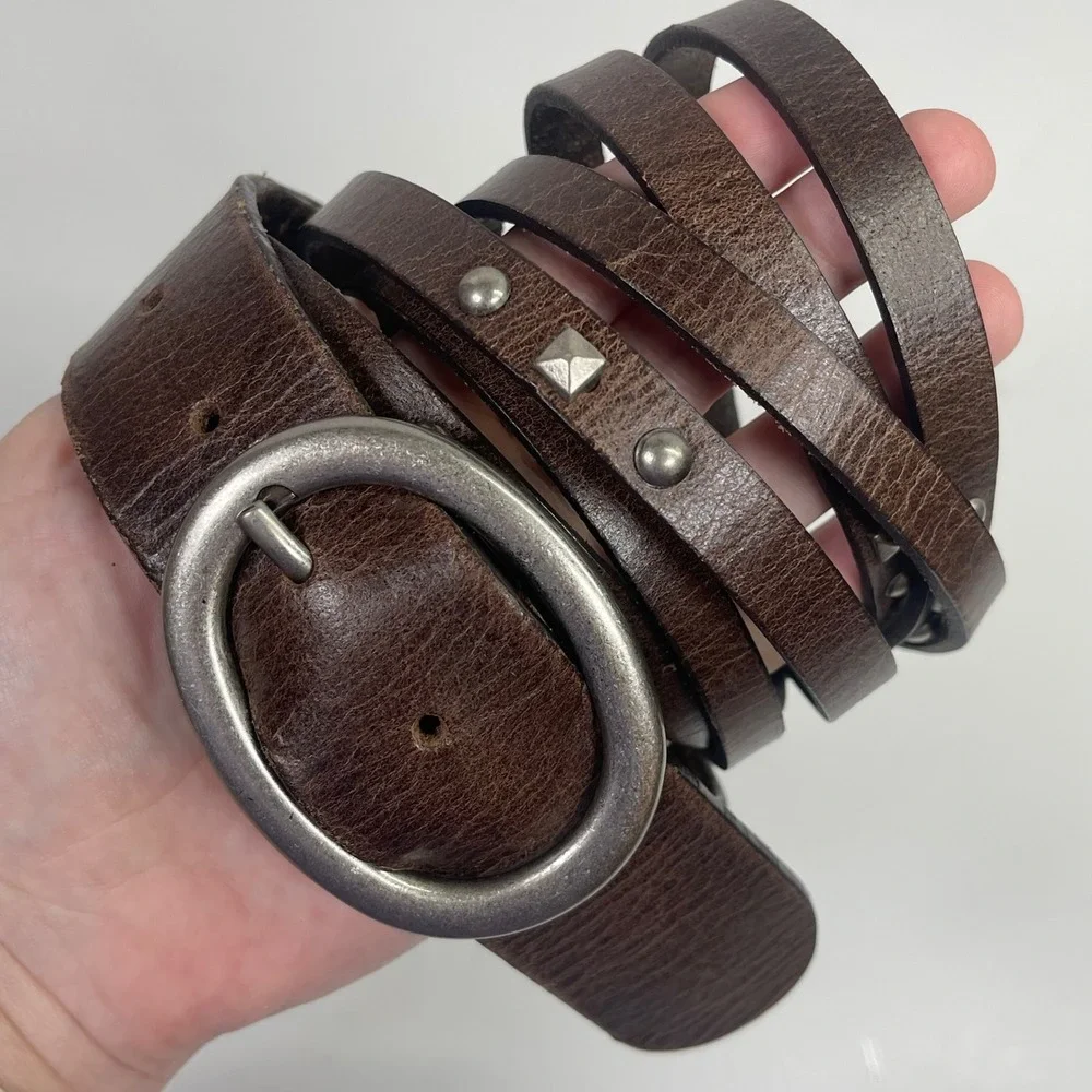 Vintage Genuine Leather Studded Belt Womens L Brown Silver Buckle Boho Western